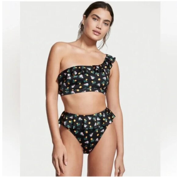 Victoria' Secret Swim Black Floral Lemons One Shoulder Bikini Top Medium NWT - Picture 5 of 12